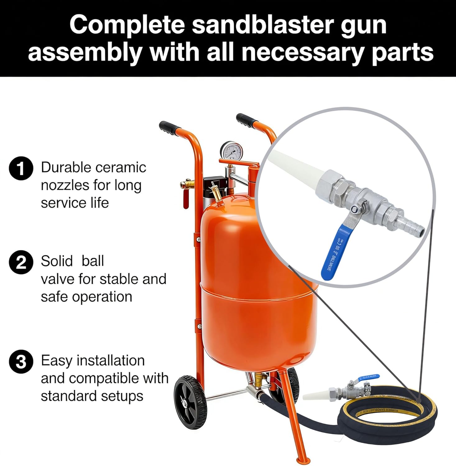 Sandblasting Gun Kit with 2 Ceramic, 8ft Hose and Ball Valve