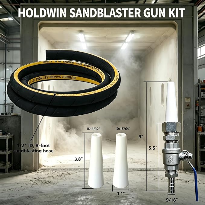 Sand Blaster Gun Kit with 4 Ceramic Nozzles, 8ft Sandblasting Hose & Valve