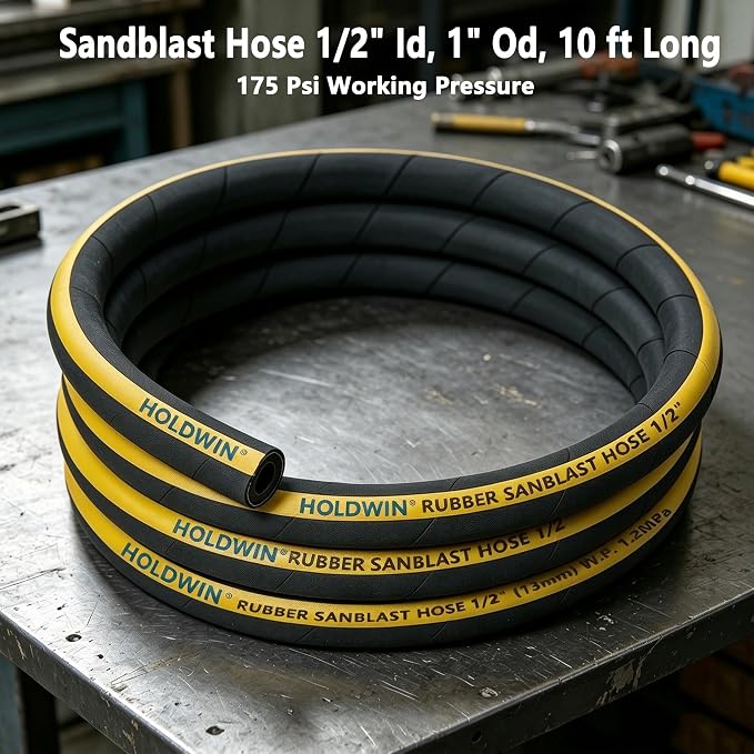 Heavy-Duty Rubber Sandblast Hose – 10 Ft, 1/2" ID, 1"/1 1/2" OD