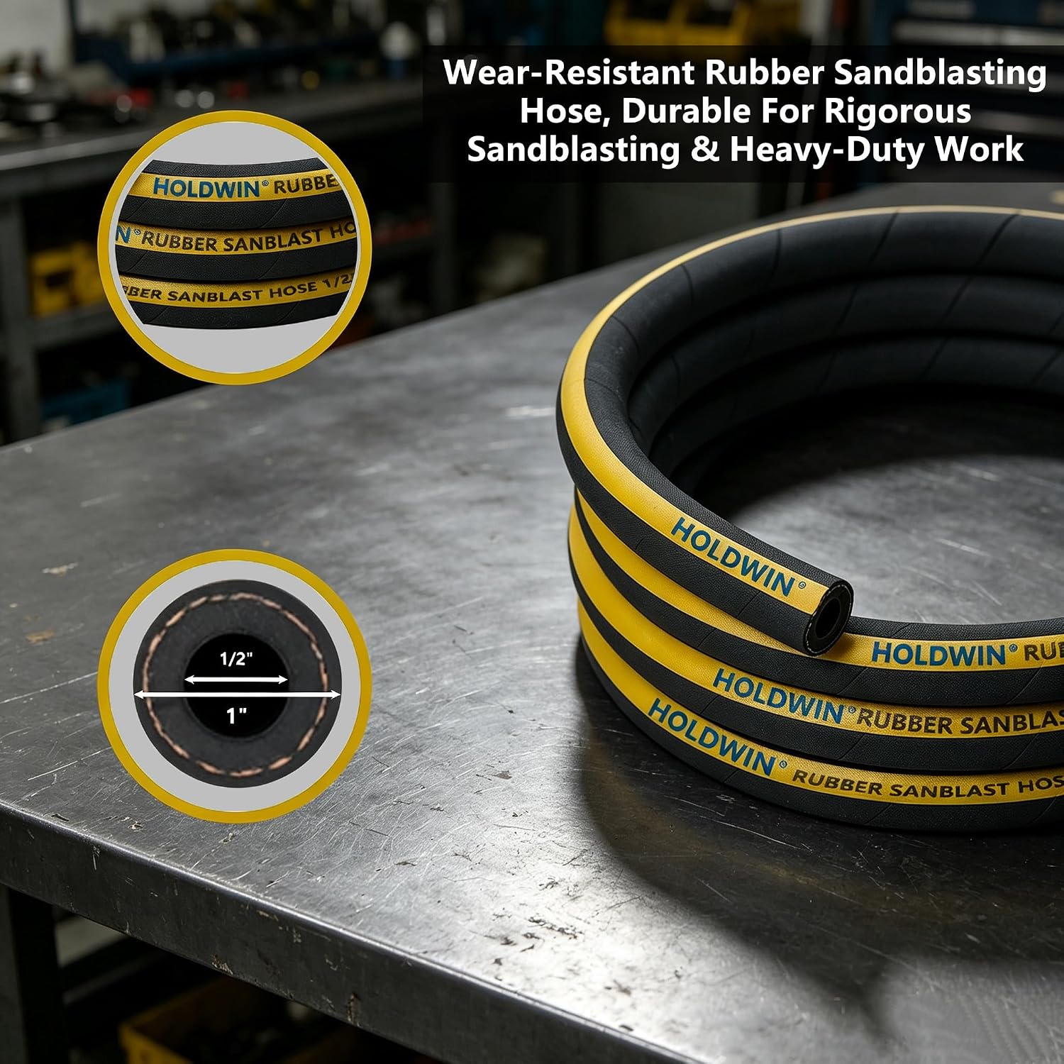 Heavy-Duty Rubber Sandblast Hose – 10 Ft, 1/2" ID, 1"/1 1/2" OD