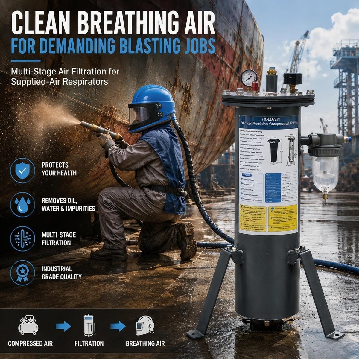 HOLDWIN Sandblasting Breathing Air Purifier G01 | 0.01μm Filtration, Regulator &amp; Gauge for Abrasive Blasting Respirator