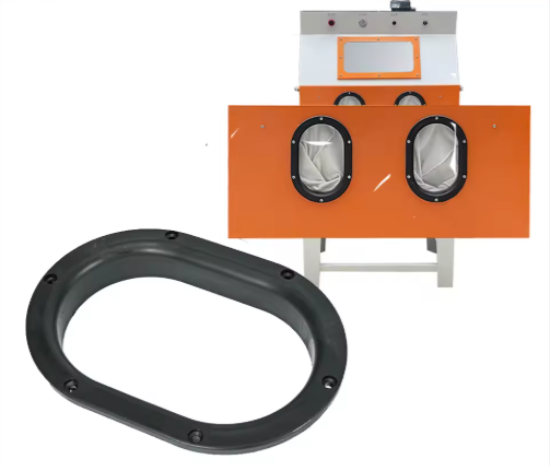 Two oval-shaped glove holders, suitable for sandblasting cabinets.