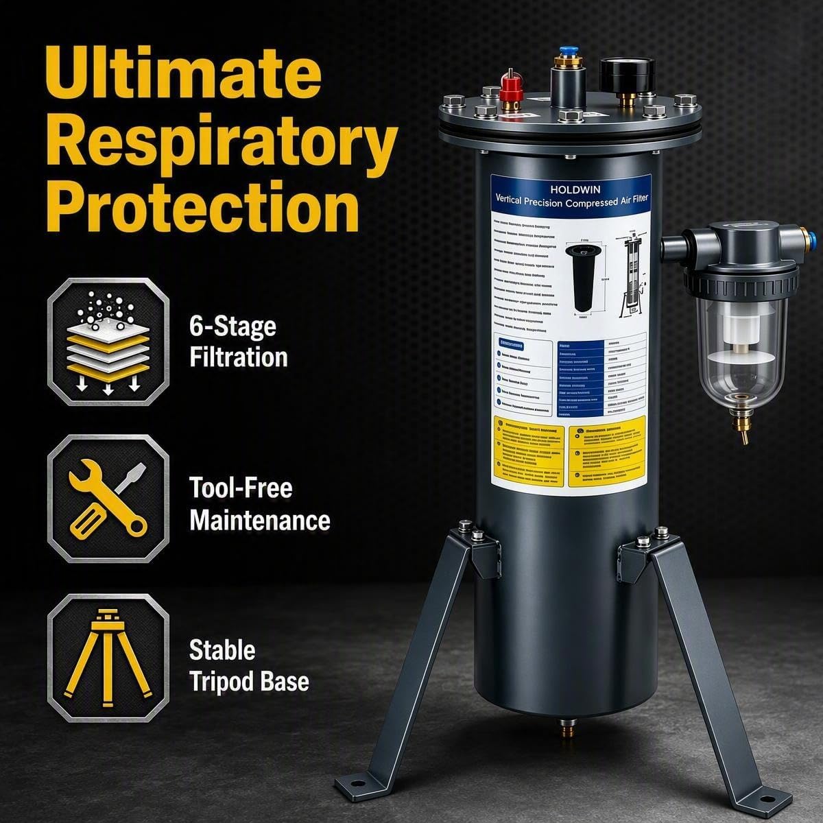 HOLDWIN Sandblasting Breathing Air Purifier G01 | 0.01μm Filtration, Regulator &amp; Gauge for Abrasive Blasting Respirator