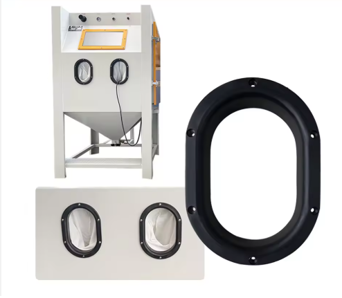 Two oval-shaped glove holders, suitable for sandblasting cabinets.